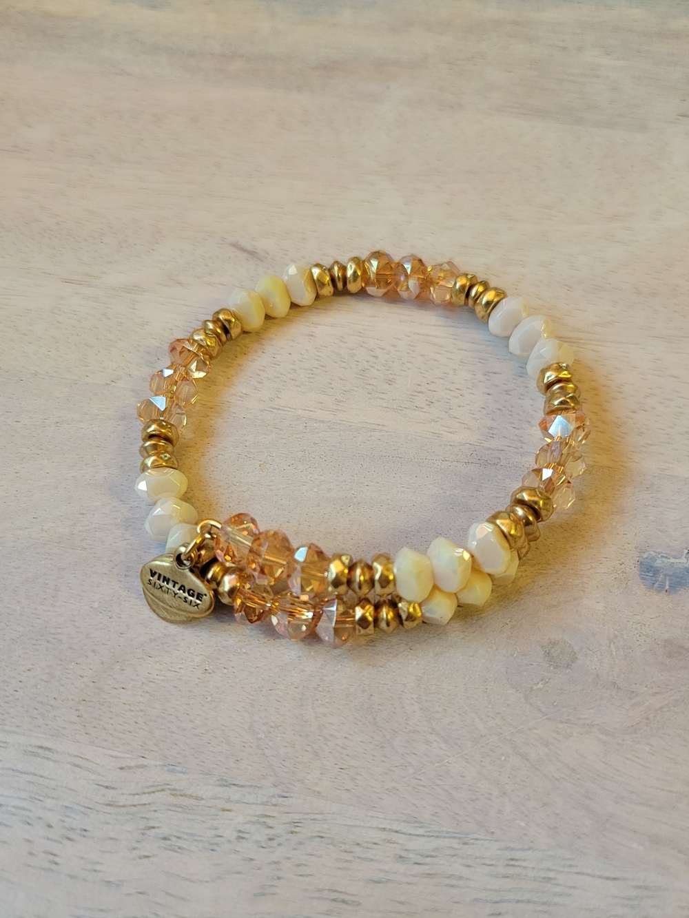 Alex And Ani Vintage Sixty-Six Gold and Cream Faceted Bead Wrap Bracelet